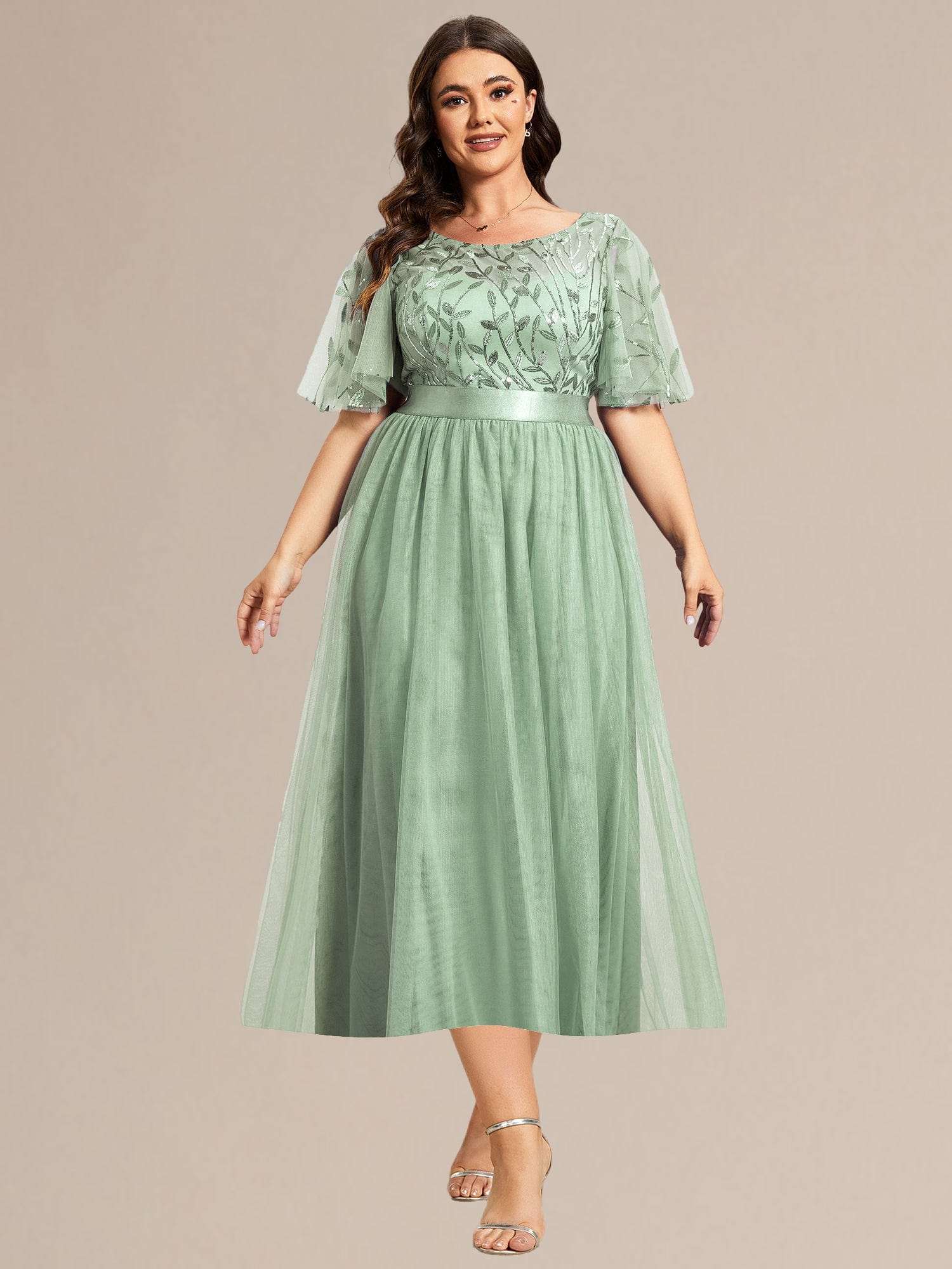 Sequin Leaf Midi Wedding Guest Dress #color_Mint Green