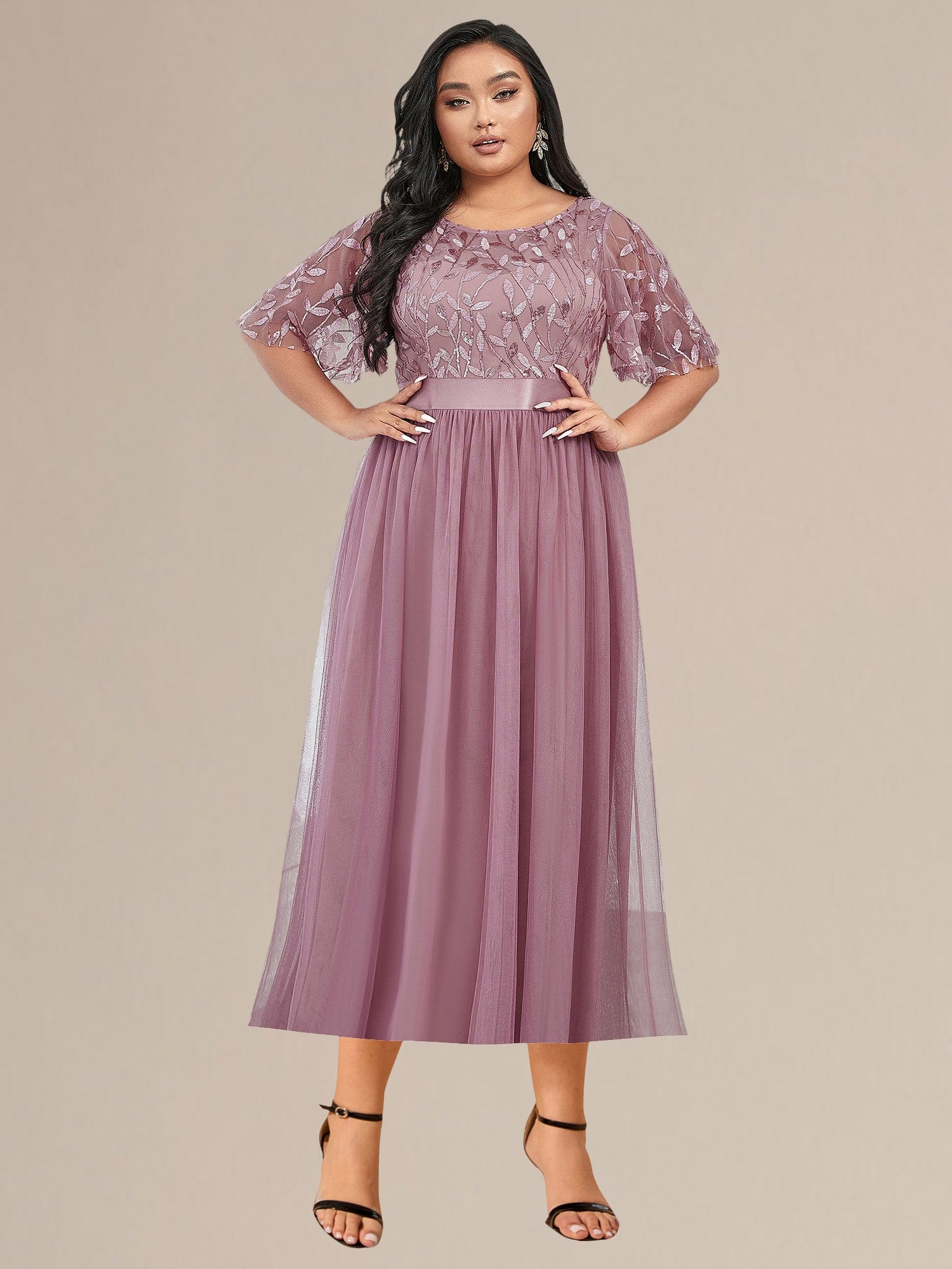 Sequin Leaf Midi Wedding Guest Dress #color_Purple Orchid