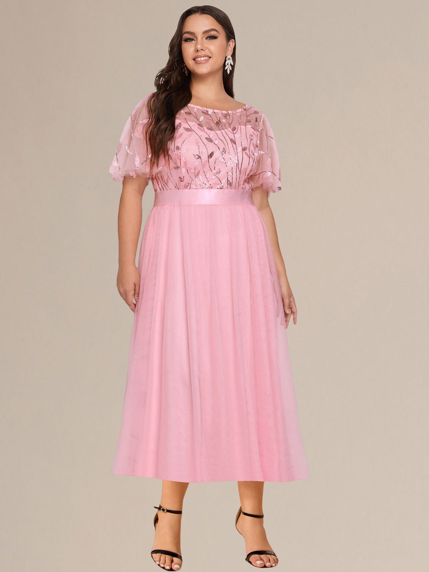 Sequin Leaf Midi Wedding Guest Dress #color_Pink