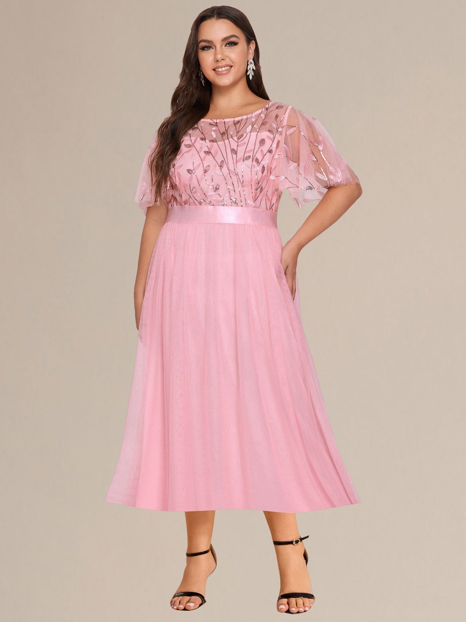 Sequin Leaf Midi Wedding Guest Dress #color_Pink
