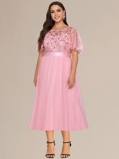 Sequin Leaf Midi Wedding Guest Dress #color_Pink