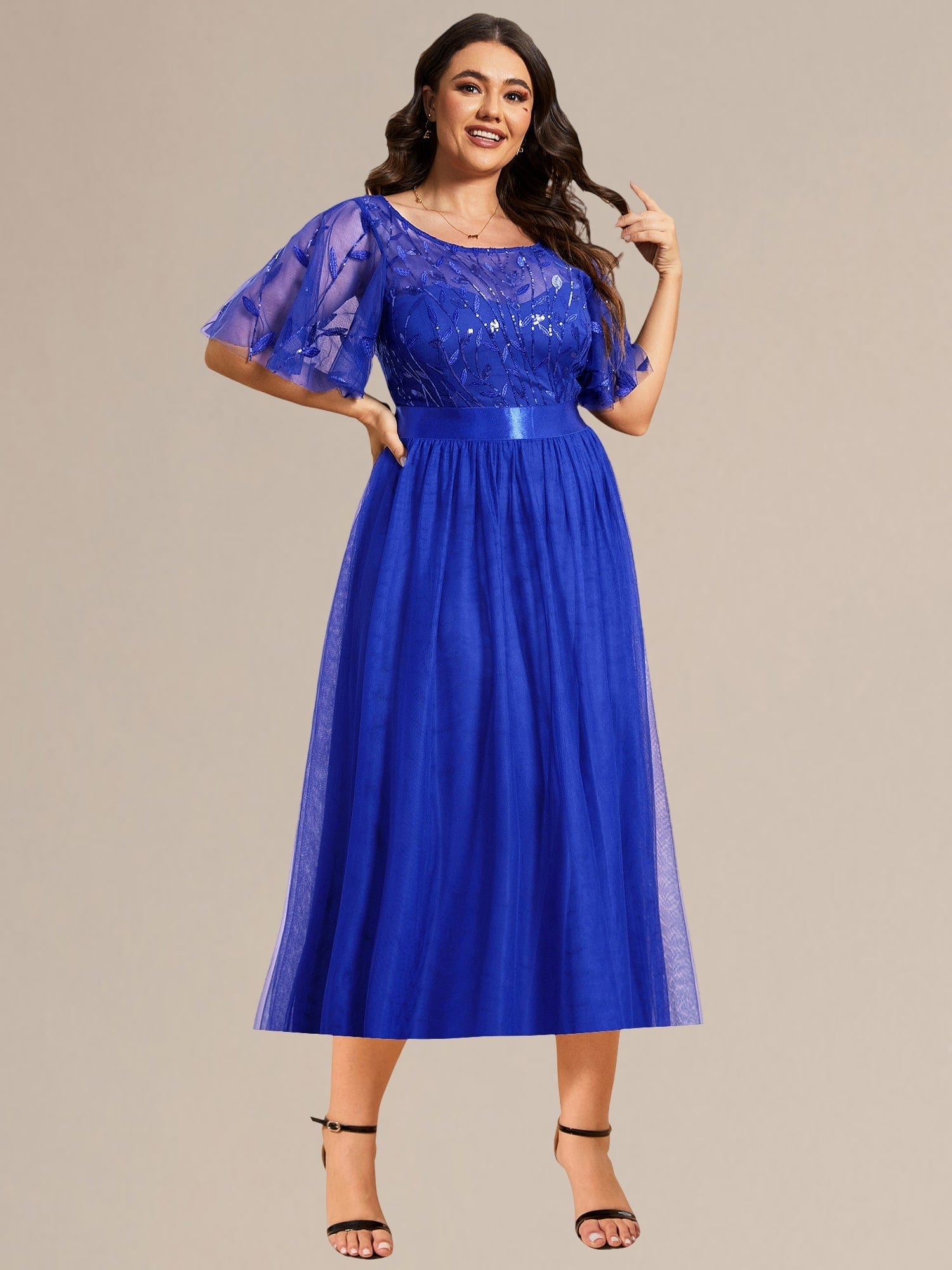 Sequin Leaf Midi Wedding Guest Dress #color_Sapphire Blue