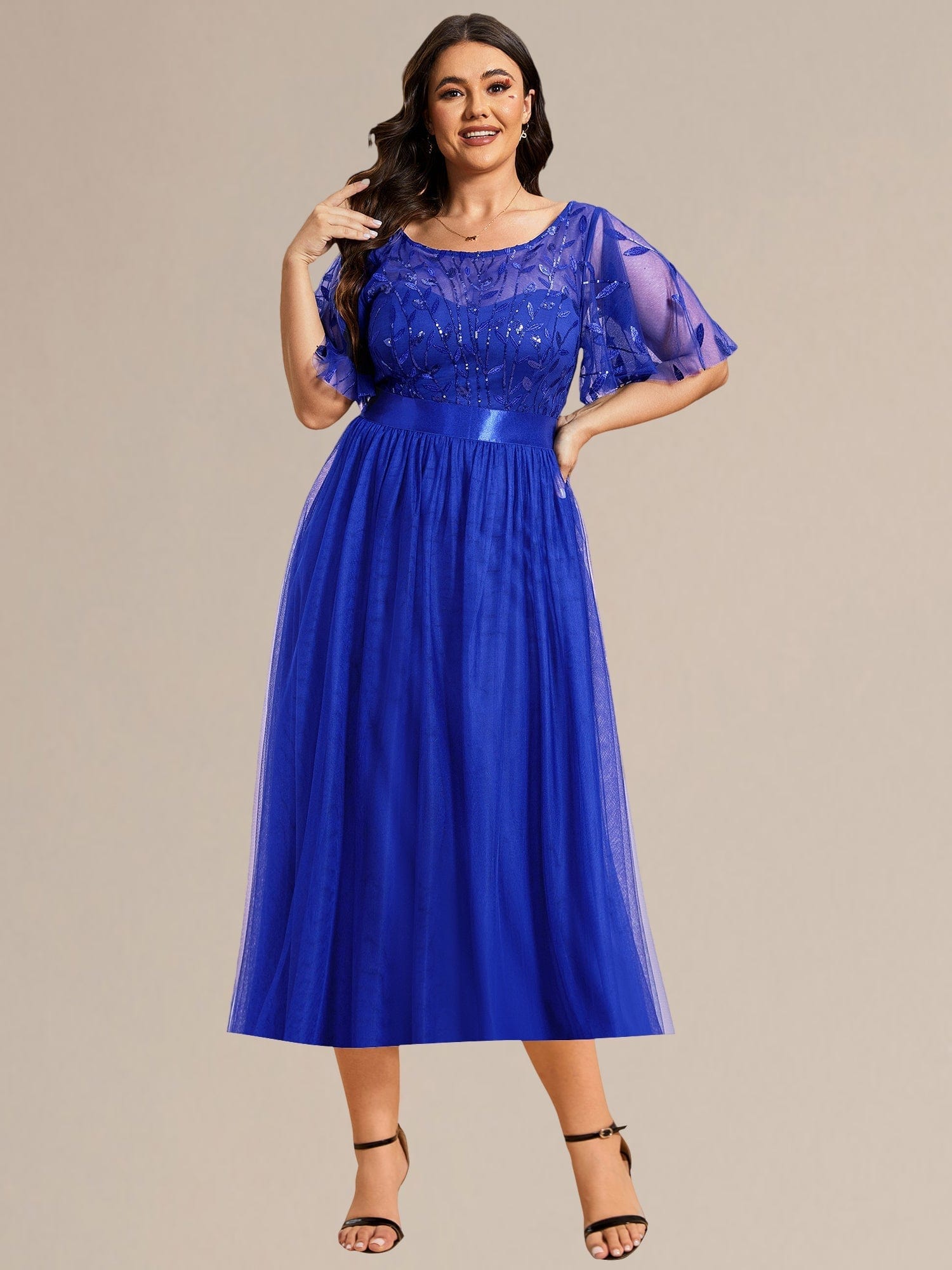 Sequin Leaf Midi Wedding Guest Dress #color_Sapphire Blue