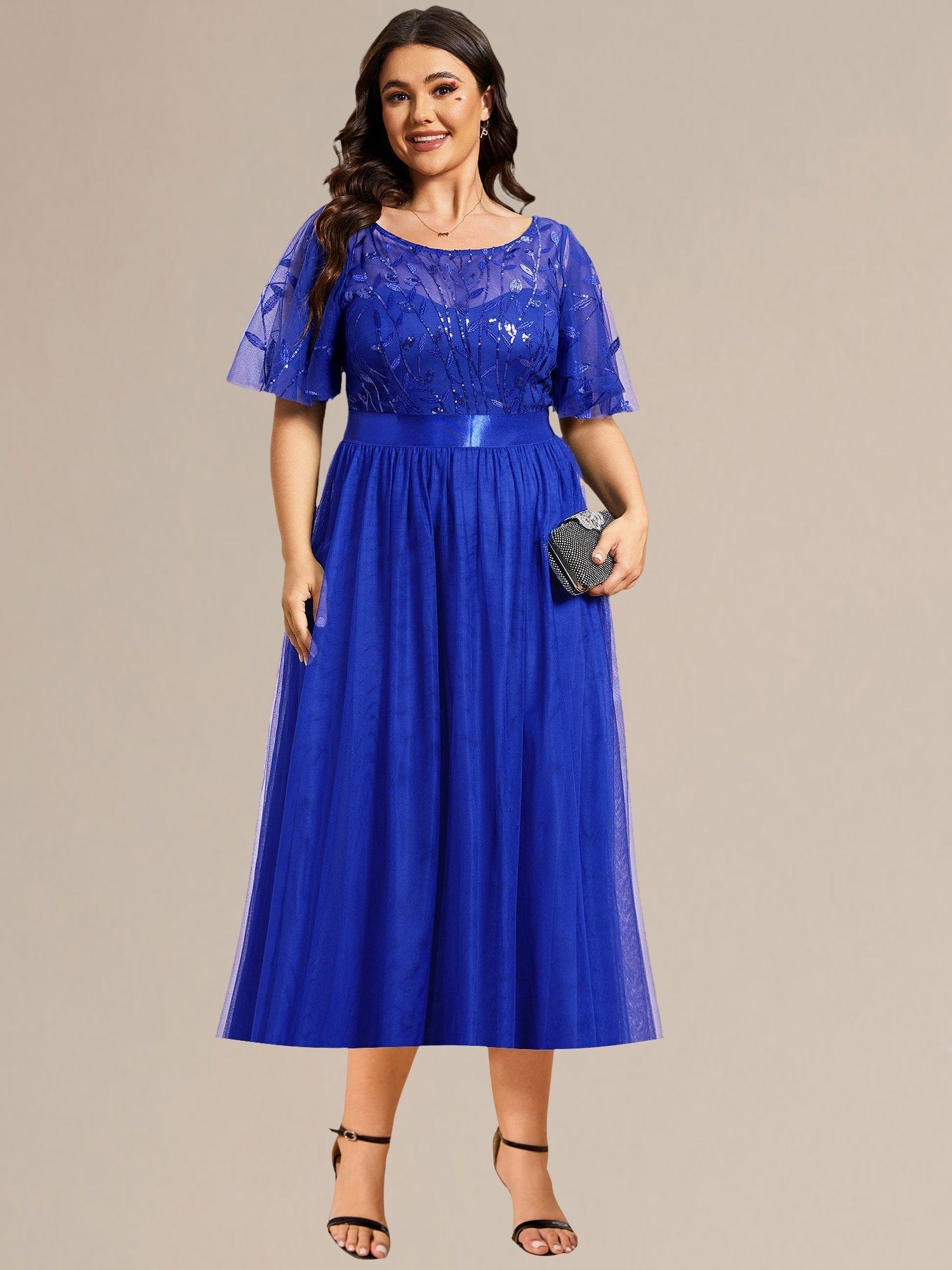 Sequin Leaf Midi Wedding Guest Dress #color_Sapphire Blue