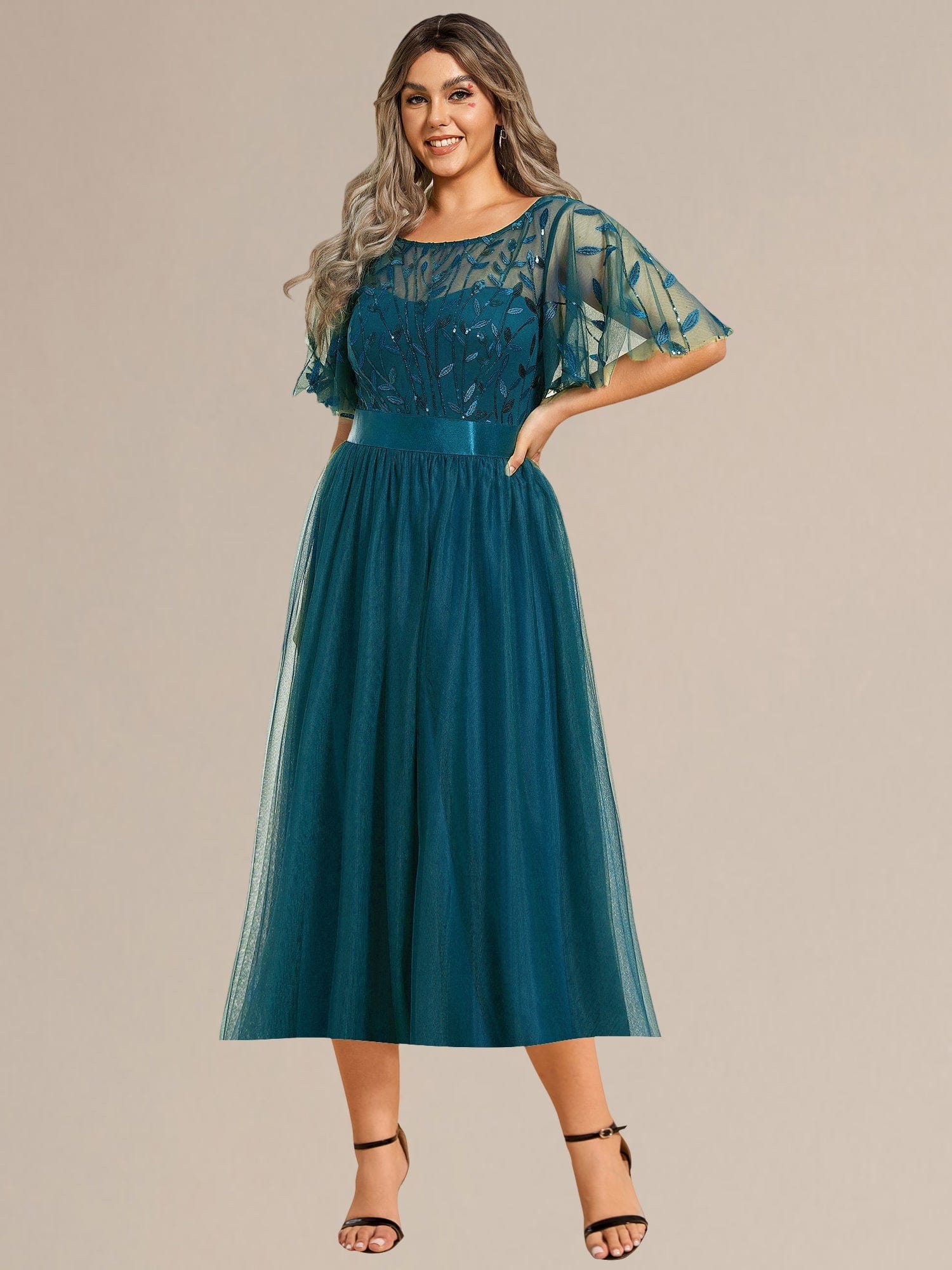 Sequin Leaf Midi Wedding Guest Dress #color_Teal