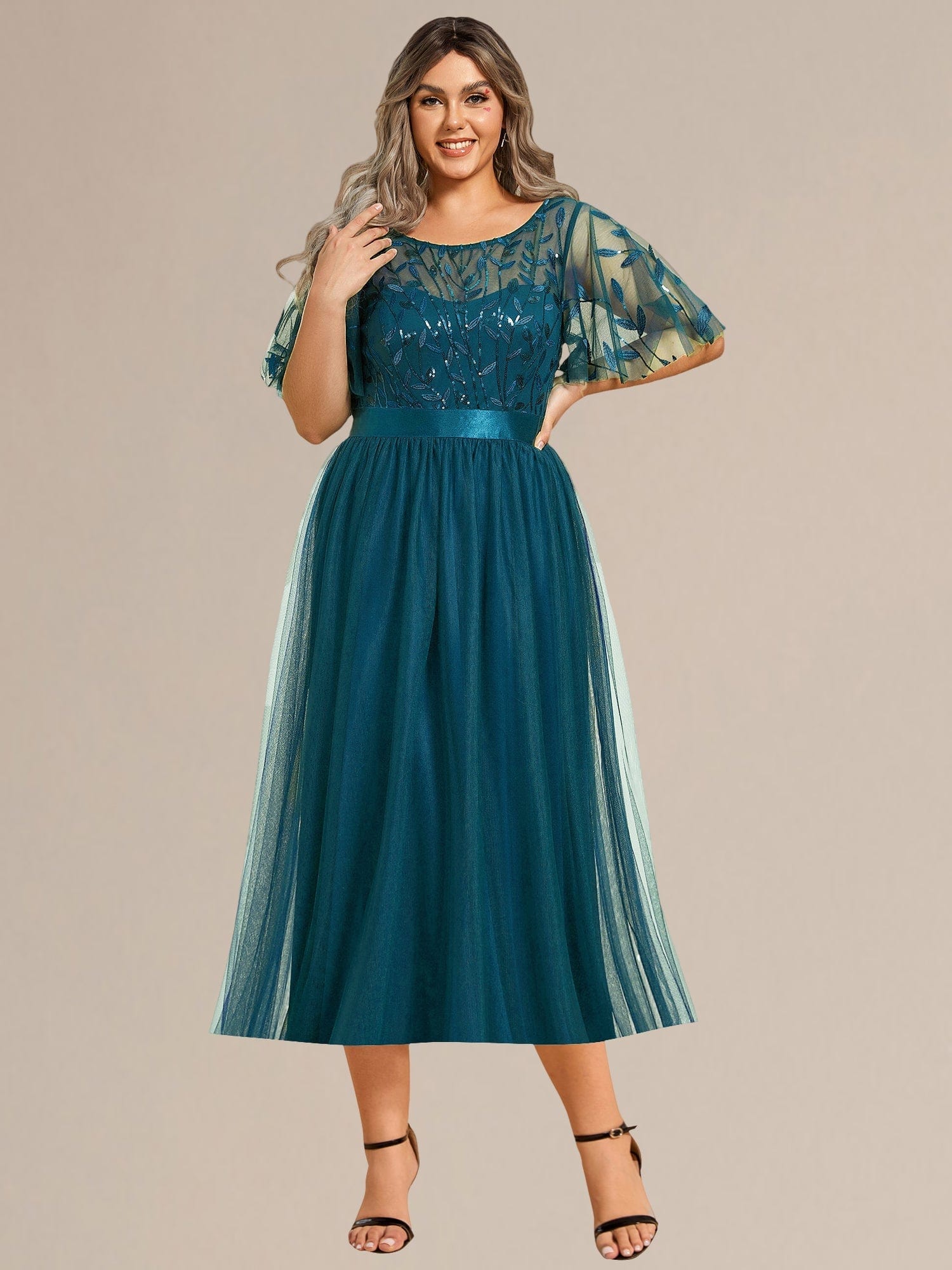 Sequin Leaf Midi Wedding Guest Dress #color_Teal
