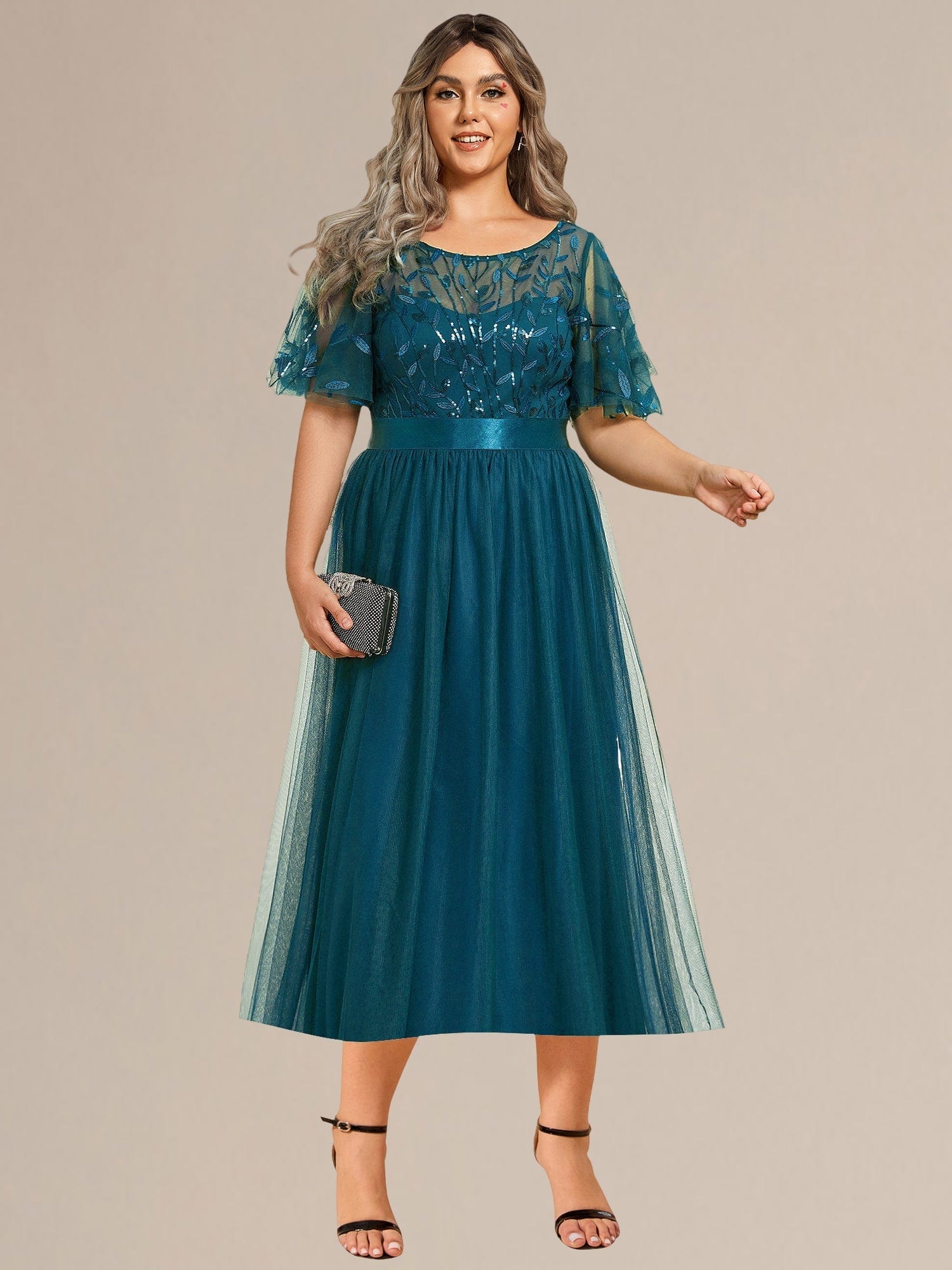 Sequin Leaf Midi Wedding Guest Dress #color_Teal