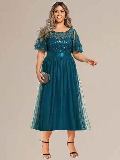 Sequin Leaf Midi Wedding Guest Dress #color_Teal
