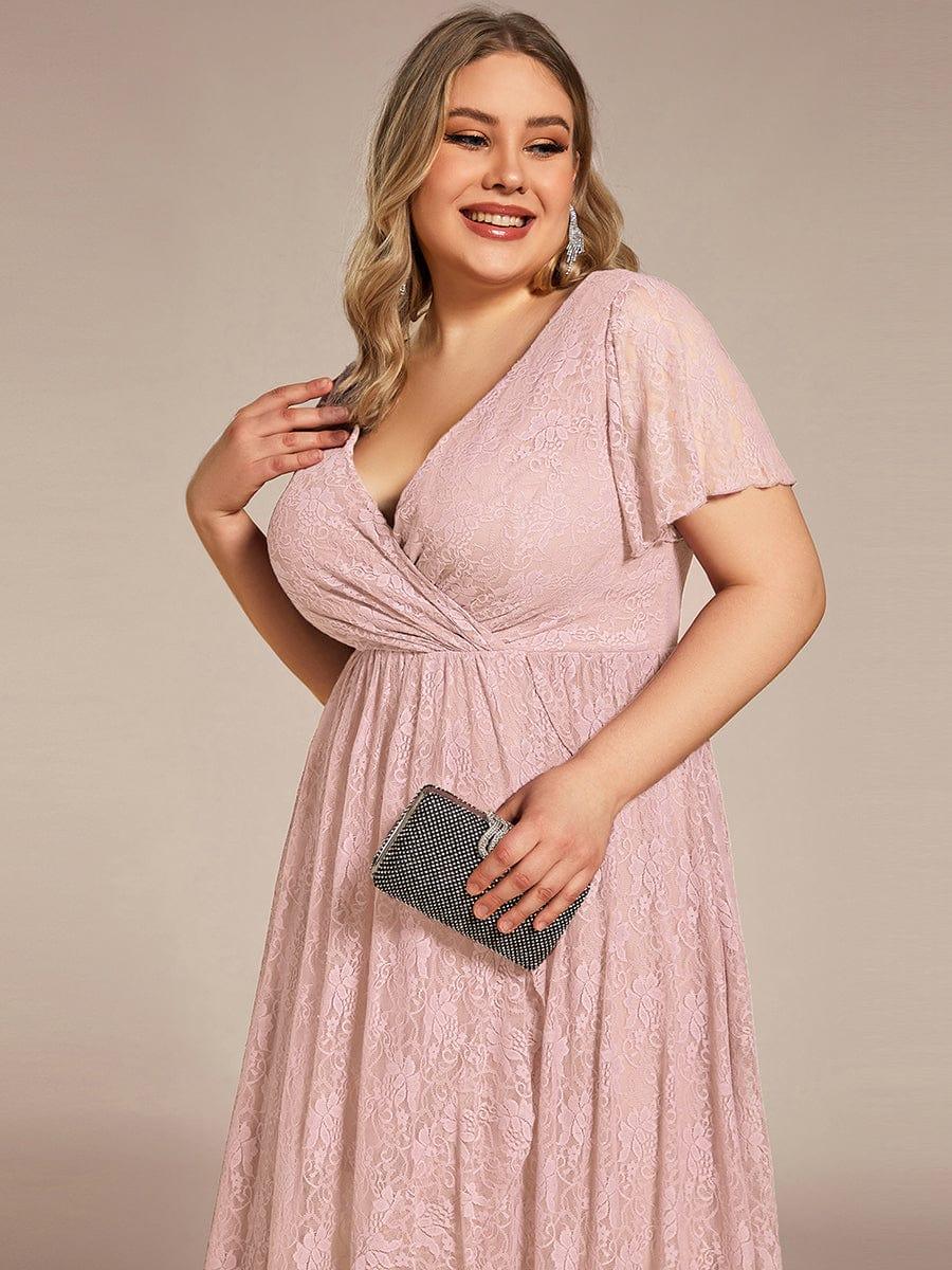 V-Neck Short Sleeve Pleated Ruffled Lace Wedding Guest Dress #Color_Pink