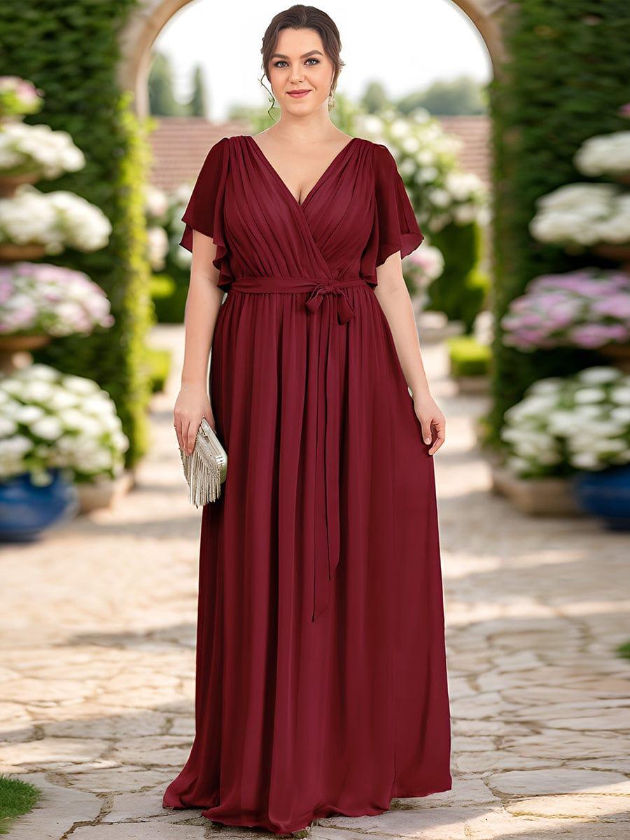 V-Neck Flutter Sleeve Floor-Length A-Line Chiffon Evening Dress #color_Burgundy