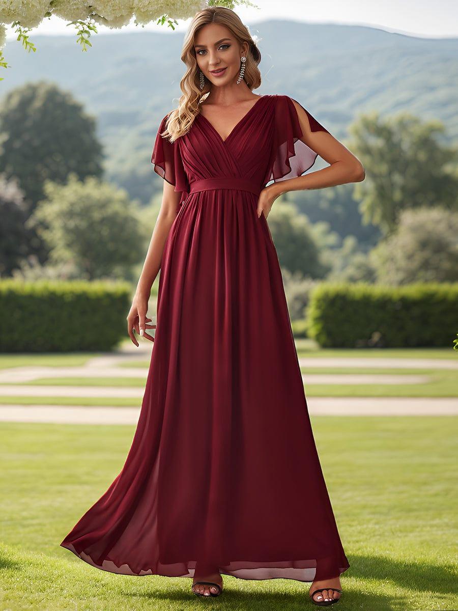 V-Neck Flutter Sleeve Floor-Length A-Line Chiffon Evening Dress #color_Burgundy