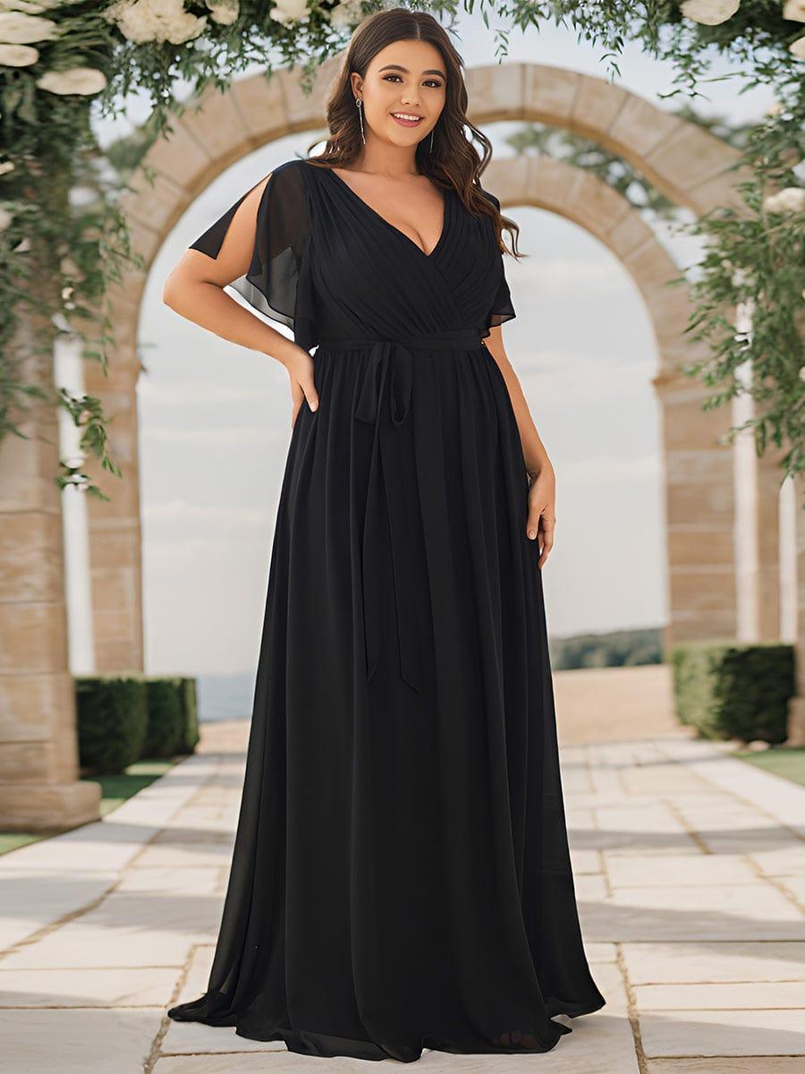 V-Neck Flutter Sleeve Floor-Length A-Line Chiffon Evening Dress #color_Black