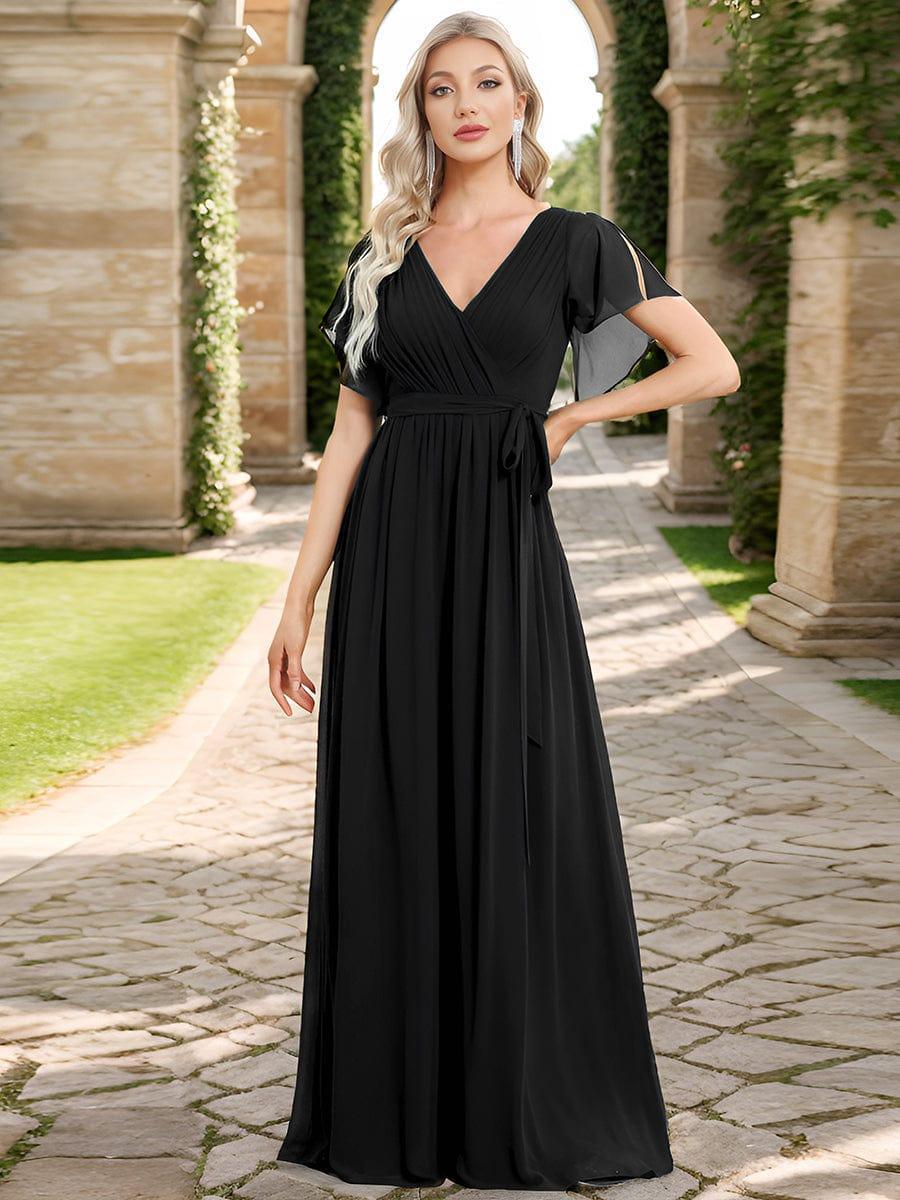 V-Neck Flutter Sleeve Floor-Length A-Line Chiffon Evening Dress #color_Black