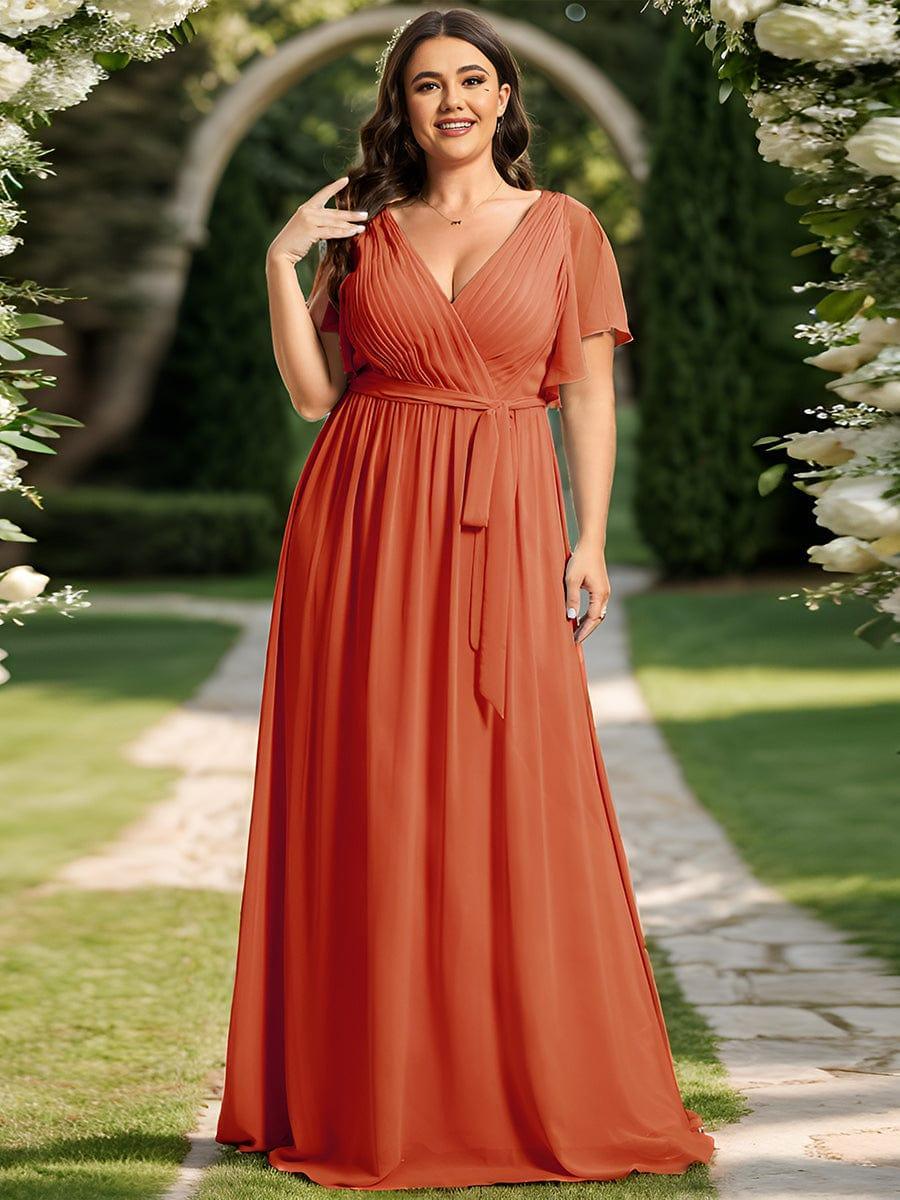 V-Neck Flutter Sleeve Floor-Length A-Line Chiffon Evening Dress #color_Burnt Orange