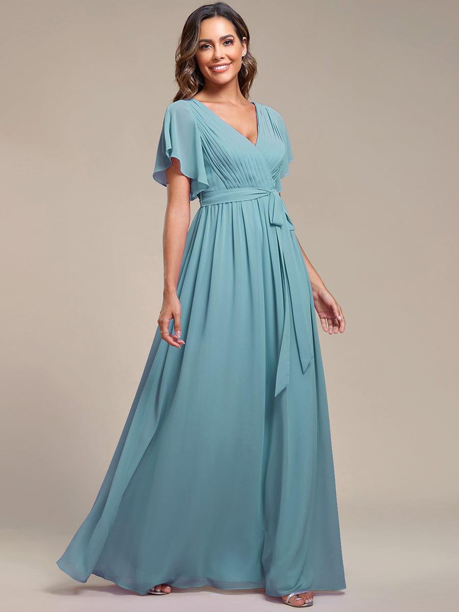 Chiffon Pleated V-Neck Flutter Sleeve Maxi Bridesmaid Dress In Sage Green #color_Light Teal