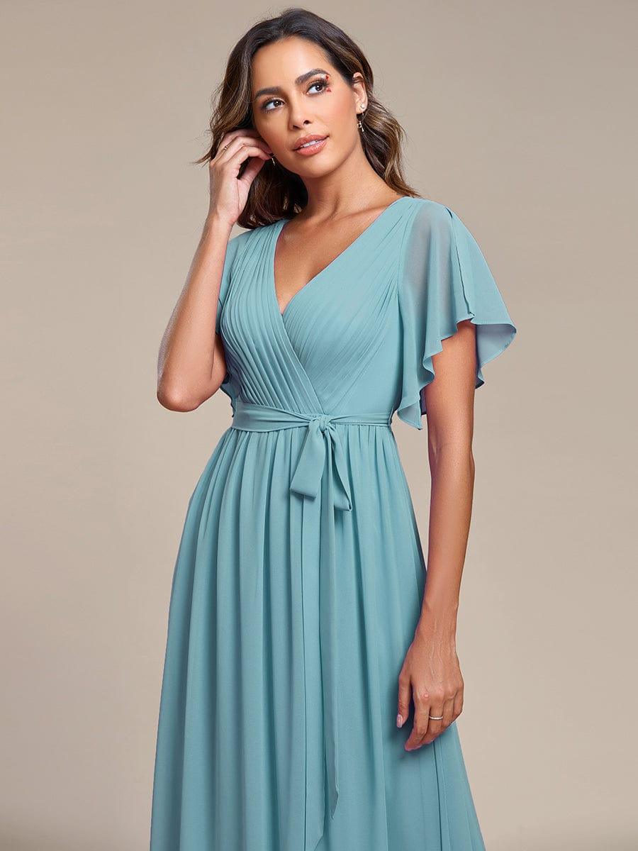 Chiffon Pleated V-Neck Flutter Sleeve Maxi Bridesmaid Dress In Sage Green #color_Light Teal