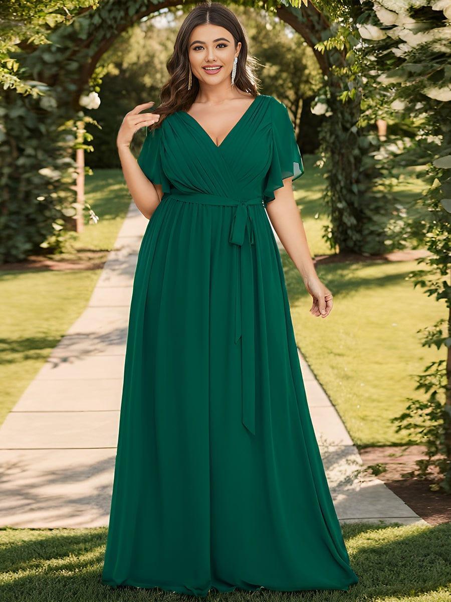 V-Neck Flutter Sleeve Floor-Length A-Line Chiffon Evening Dress #color_Dark Green