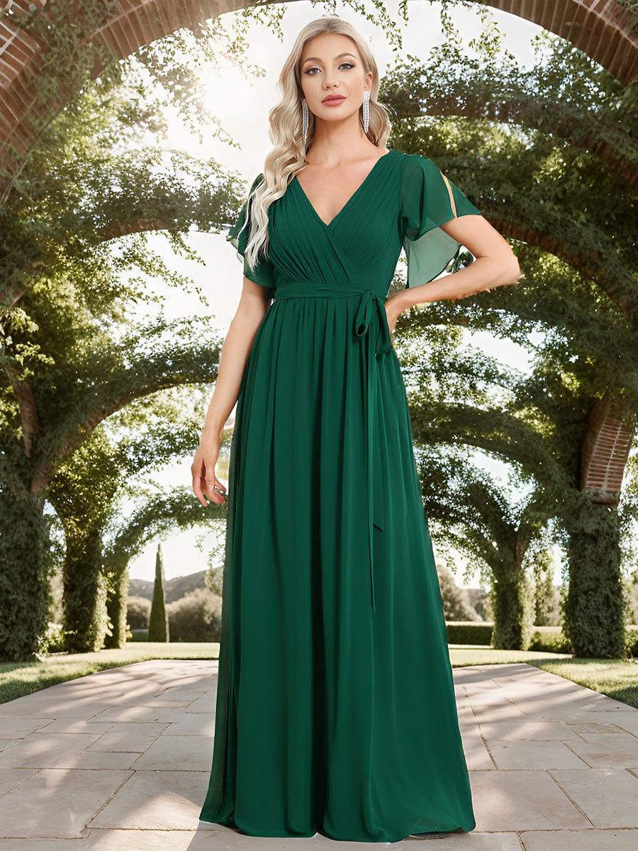 V-Neck Flutter Sleeve Floor-Length A-Line Chiffon Evening Dress #color_Dark Green