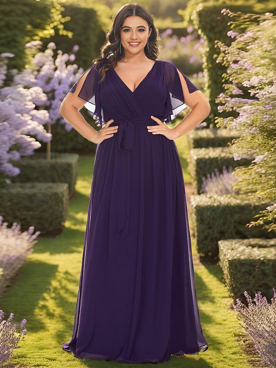 V-Neck Flutter Sleeve Floor-Length A-Line Chiffon Evening Dress #color_Dark Purple