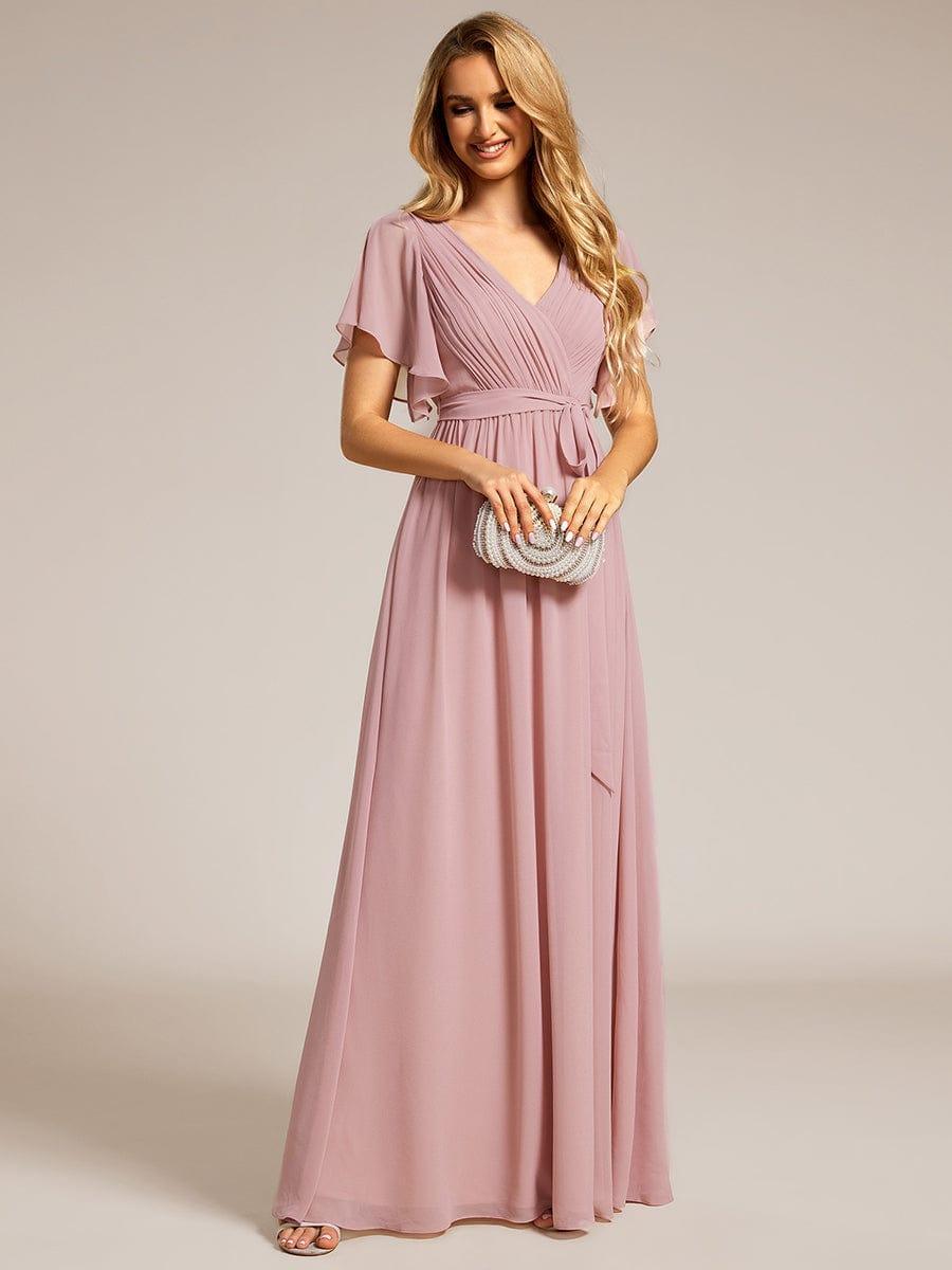 V-Neck Flutter Sleeve Floor-Length A-Line Chiffon Evening Dress #color_Dusty Rose