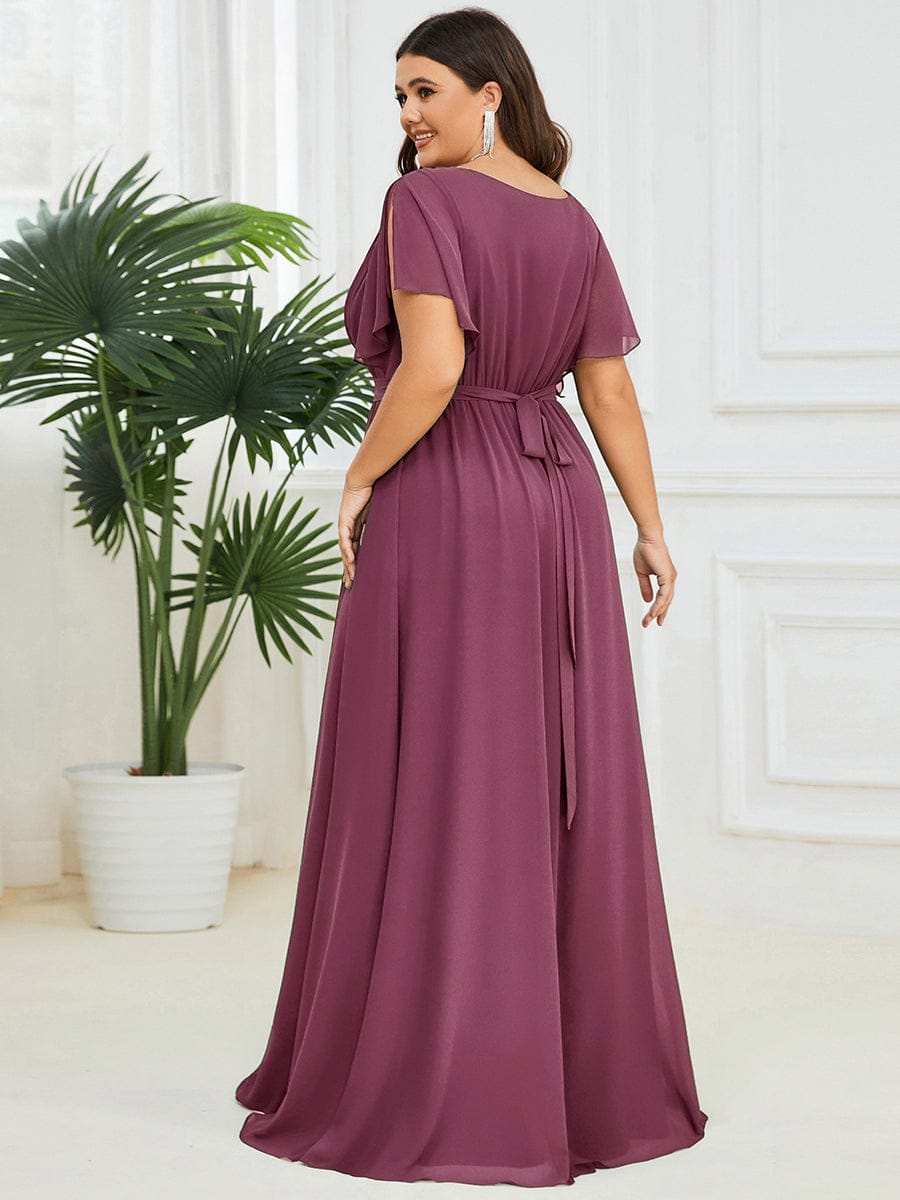Chiffon Pleated V-Neck Flutter Sleeve Maxi Bridesmaid Dress In Sage Green #color_Damson