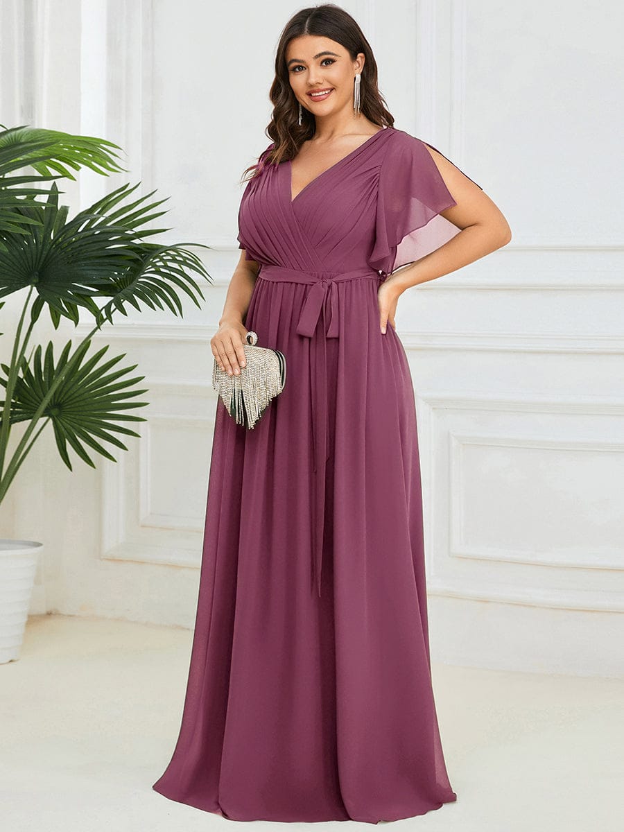 Chiffon Pleated V-Neck Flutter Sleeve Maxi Bridesmaid Dress In Sage Green #color_Damson