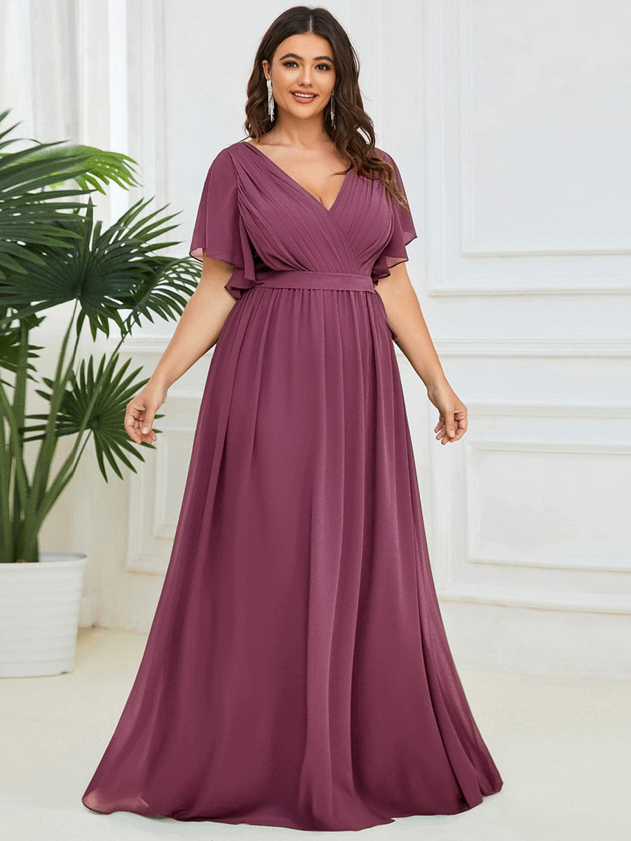 Chiffon Pleated V-Neck Flutter Sleeve Maxi Bridesmaid Dress In Sage Green #color_Damson