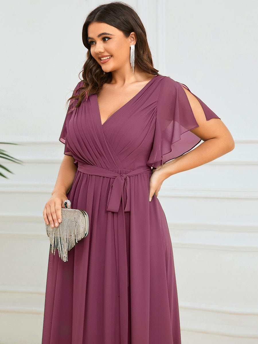 Chiffon Pleated V-Neck Flutter Sleeve Maxi Bridesmaid Dress In Sage Green #color_Damson