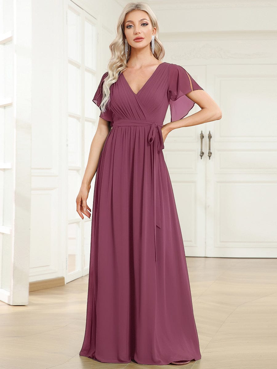 Chiffon Pleated V-Neck Flutter Sleeve Maxi Bridesmaid Dress In Sage Green #color_Damson