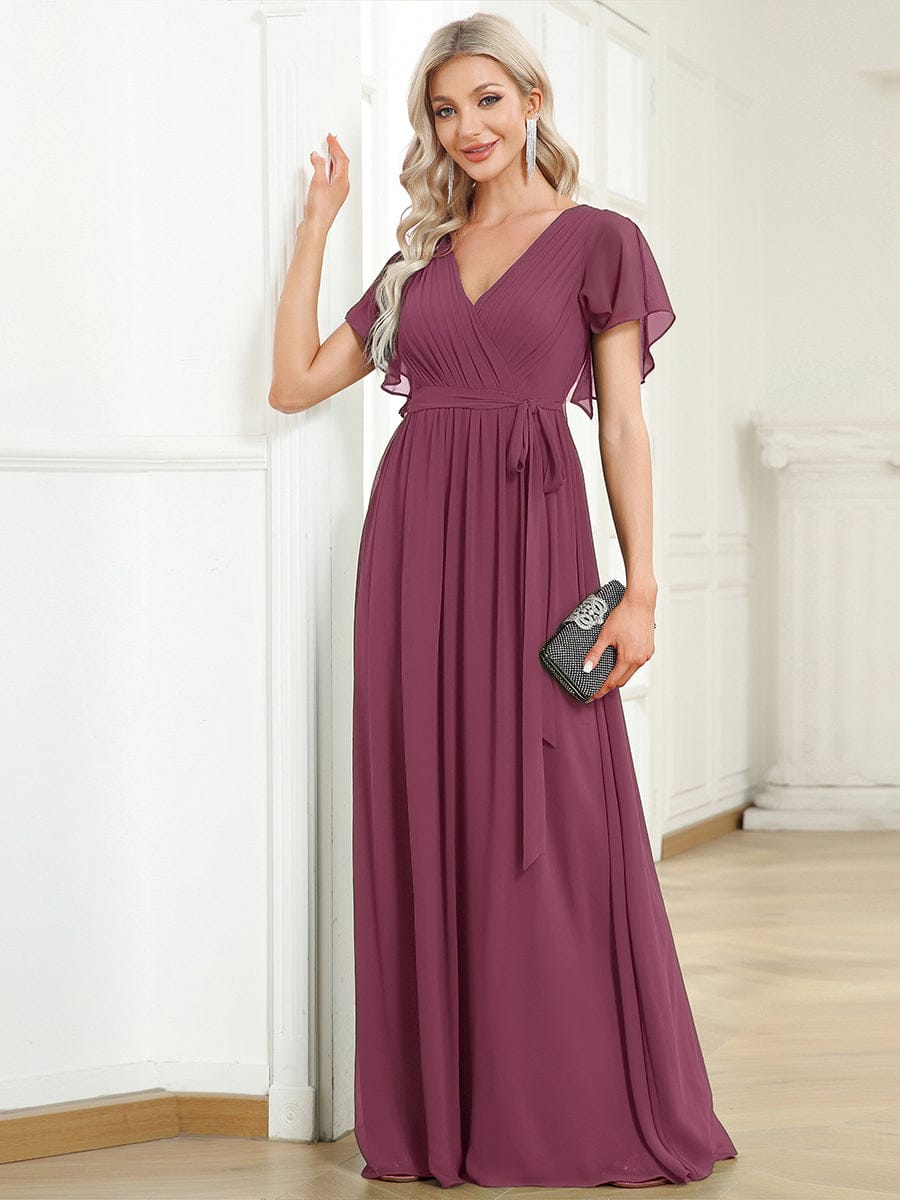Chiffon Pleated V-Neck Flutter Sleeve Maxi Bridesmaid Dress In Sage Green #color_Damson