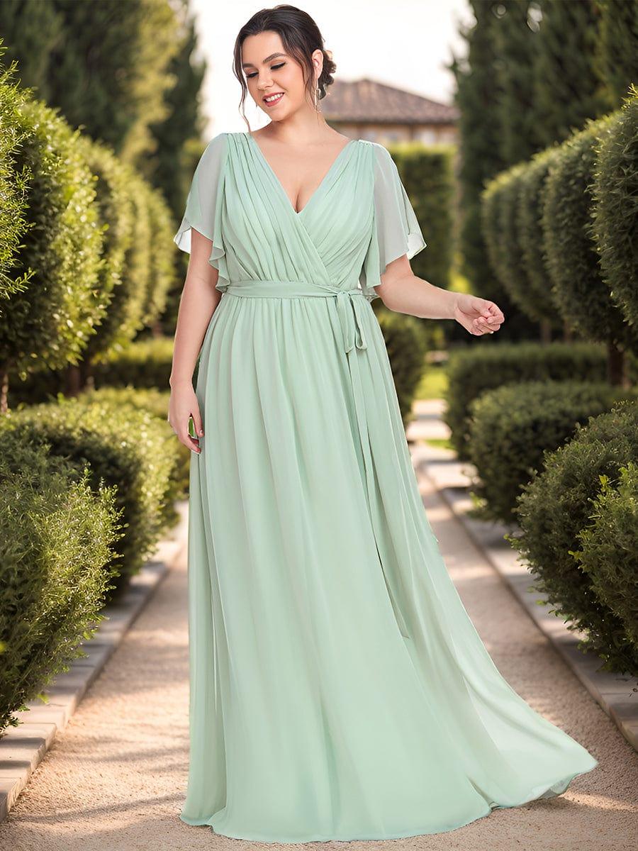 V-Neck Flutter Sleeve Floor-Length A-Line Chiffon Evening Dress #color_Mint Green
