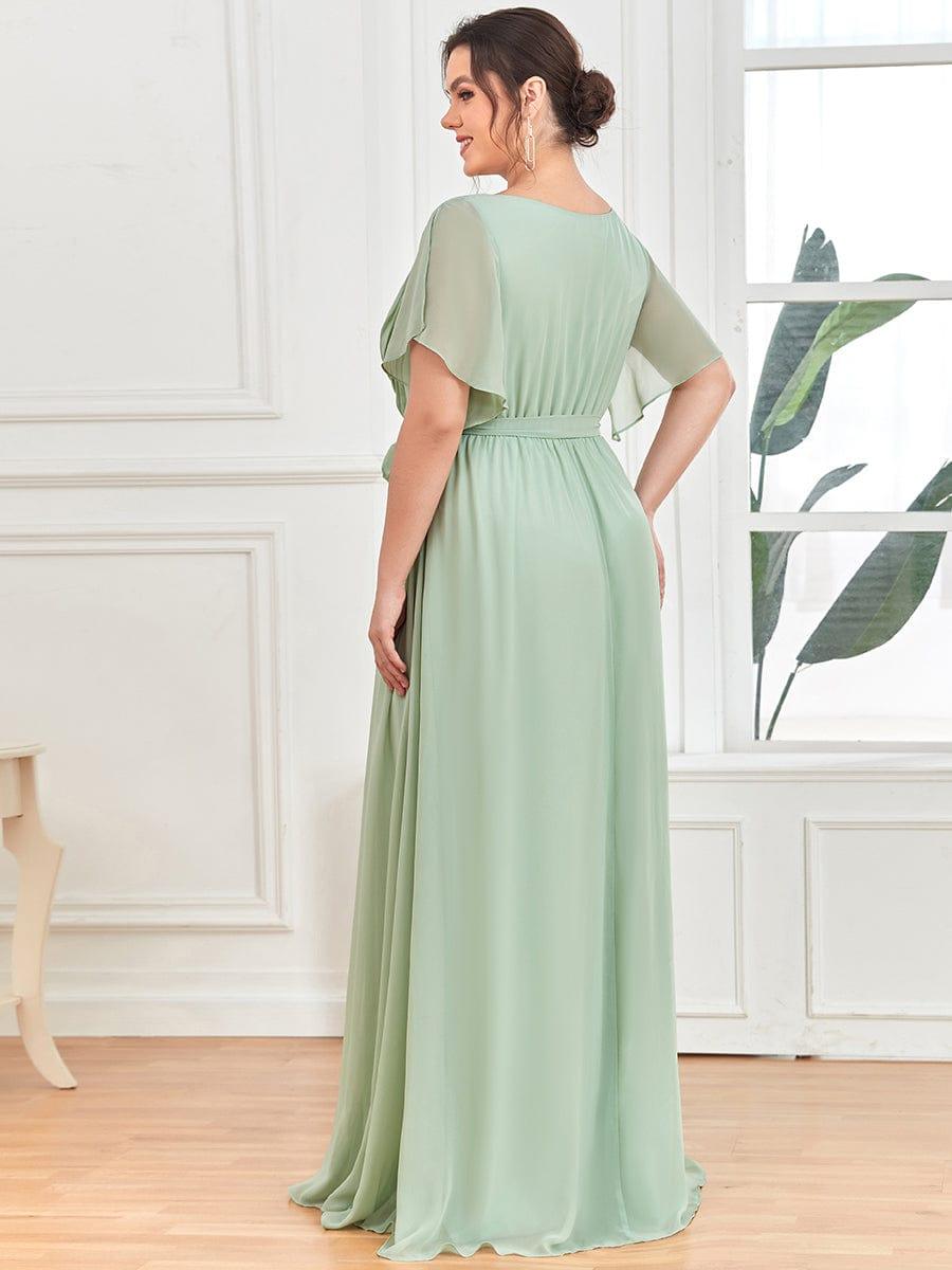 Chiffon Pleated V-Neck Flutter Sleeve Maxi Bridesmaid Dress In Sage Green #color_Mint Green