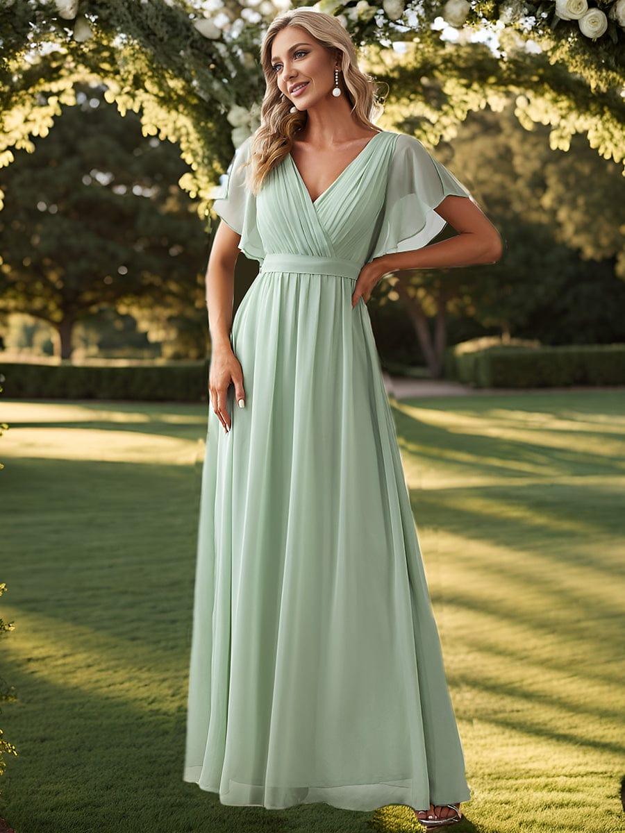 V-Neck Flutter Sleeve Floor-Length A-Line Chiffon Evening Dress #color_Mint Green