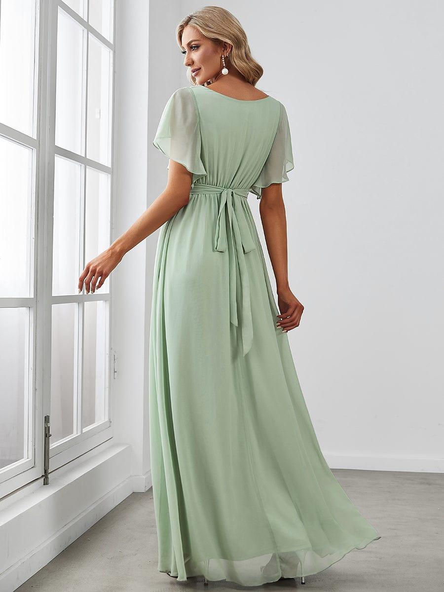 Chiffon Pleated V-Neck Flutter Sleeve Maxi Bridesmaid Dress In Sage Green #color_Mint Green