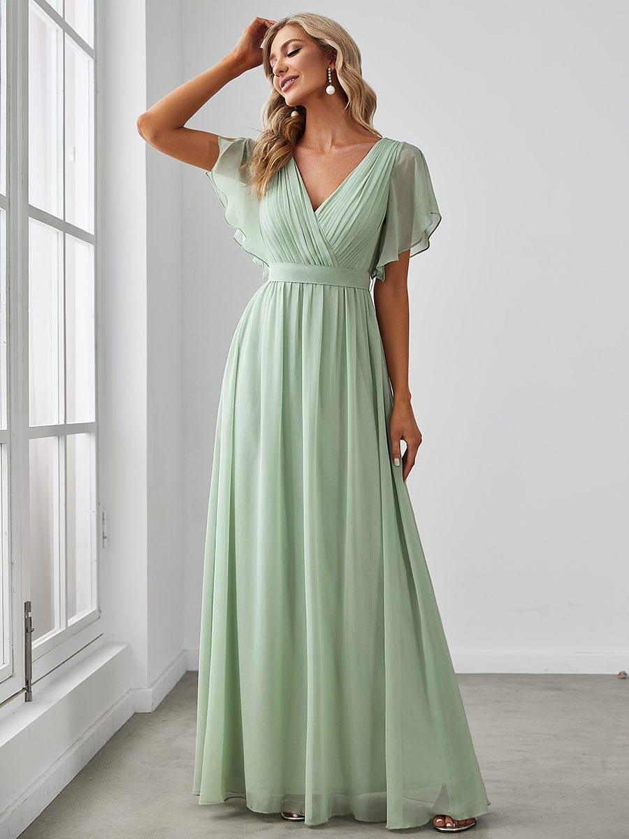 Chiffon Pleated V-Neck Flutter Sleeve Maxi Bridesmaid Dress In Sage Green #color_Mint Green