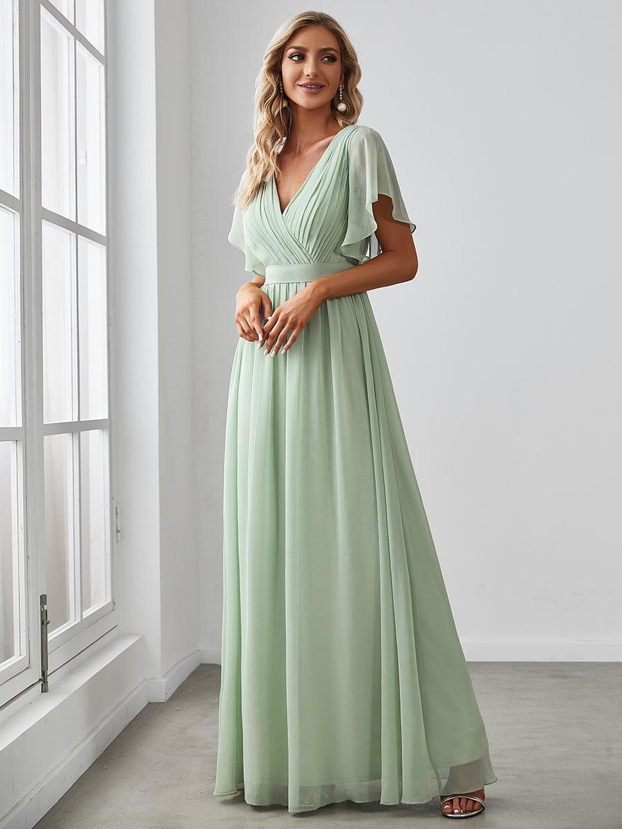 Chiffon Pleated V-Neck Flutter Sleeve Maxi Bridesmaid Dress In Sage Green #color_Mint Green