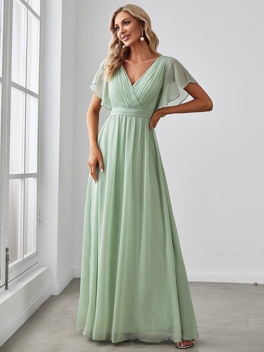 Chiffon Pleated V-Neck Flutter Sleeve Maxi Bridesmaid Dress In Sage Green #color_Mint Green
