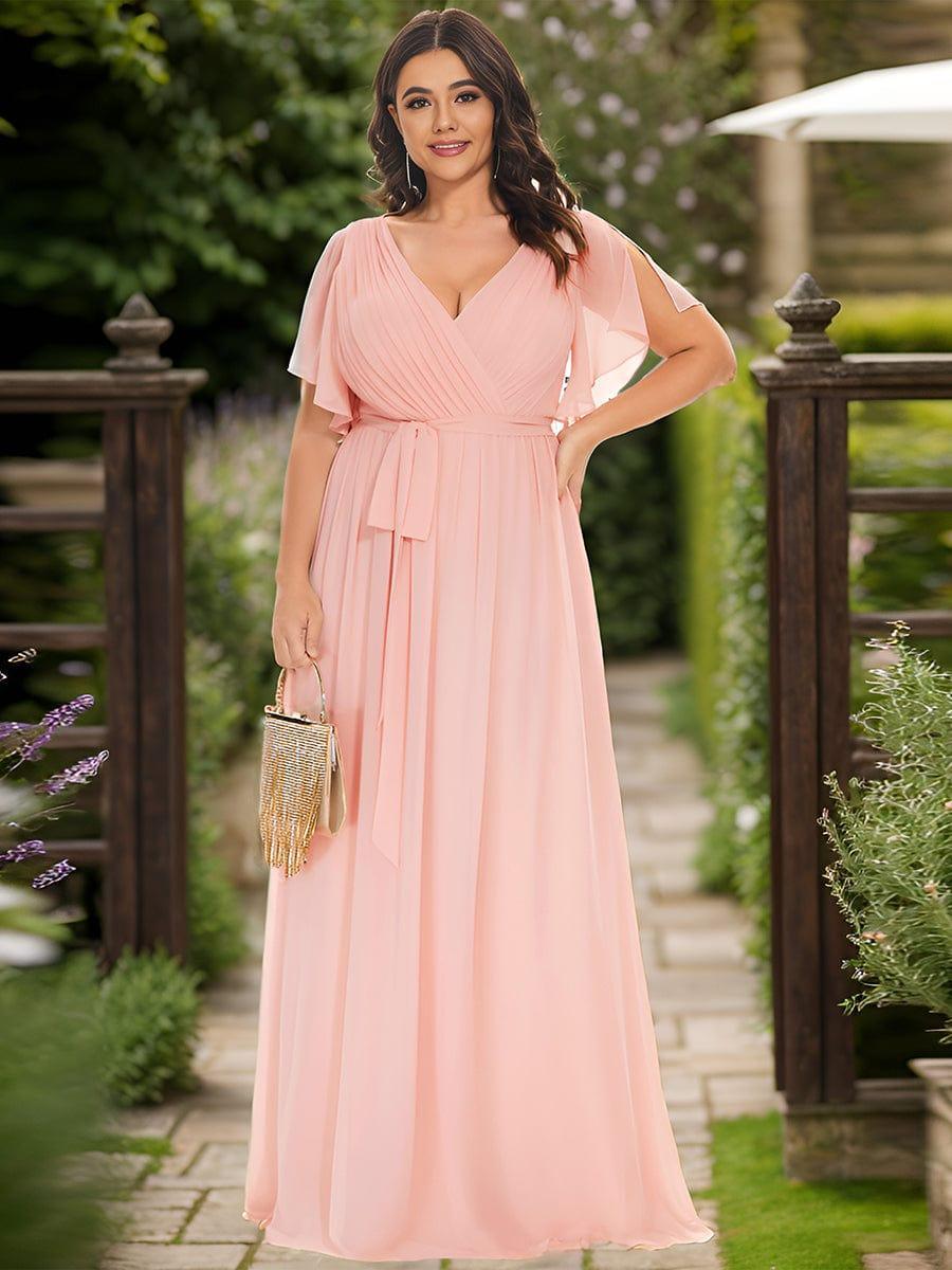 V-Neck Flutter Sleeve Floor-Length A-Line Chiffon Evening Dress #color_Pink