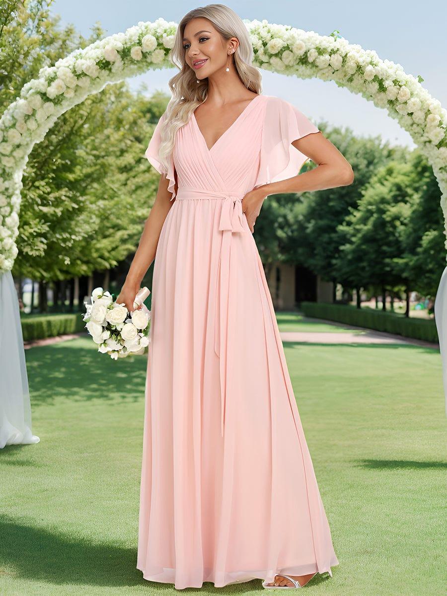 V-Neck Flutter Sleeve Floor-Length A-Line Chiffon Evening Dress #color_Pink