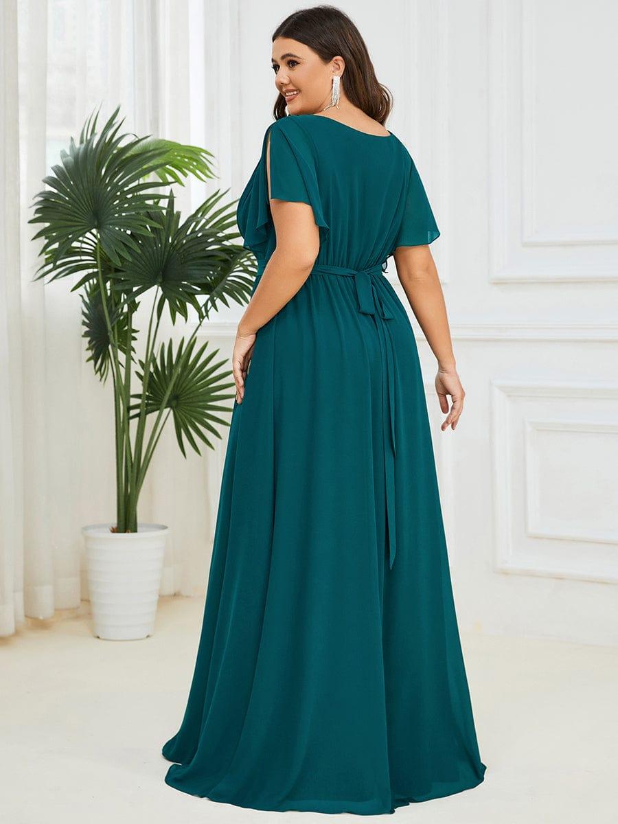 Chiffon Pleated V-Neck Flutter Sleeve Maxi Bridesmaid Dress In Sage Green #color_Teal