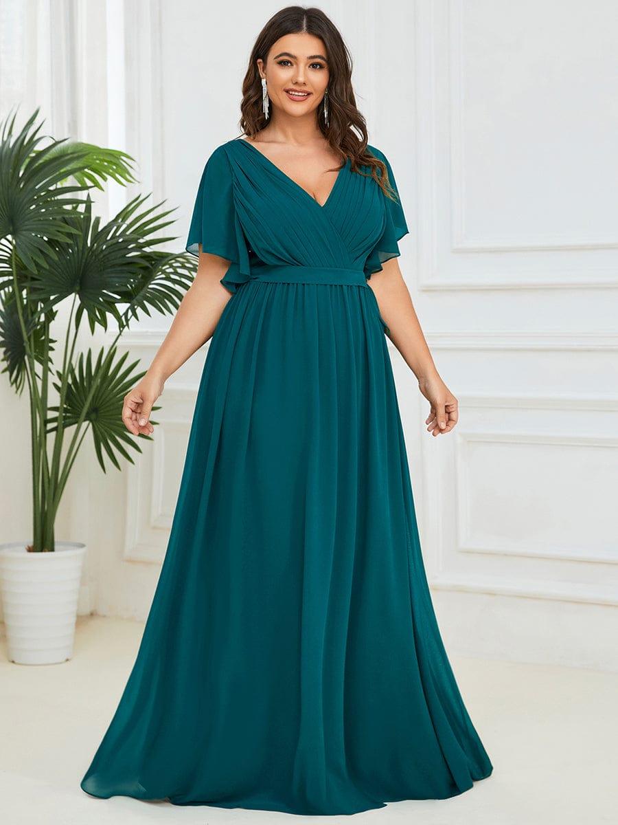 Chiffon Pleated V-Neck Flutter Sleeve Maxi Bridesmaid Dress In Sage Green #color_Teal