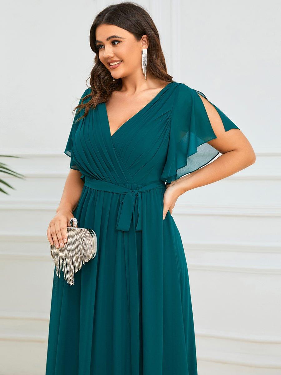 Chiffon Pleated V-Neck Flutter Sleeve Maxi Bridesmaid Dress In Sage Green #color_Teal