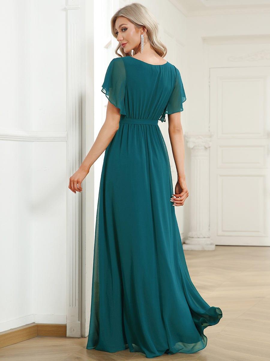 Chiffon Pleated V-Neck Flutter Sleeve Maxi Bridesmaid Dress In Sage Green #color_Teal