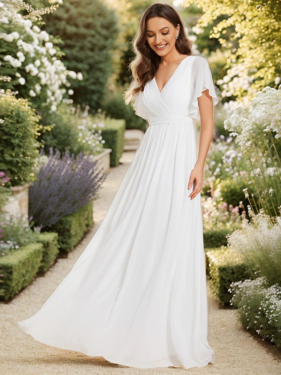 V-Neck Flutter Sleeve Floor-Length A-Line Chiffon Evening Dress #color_White