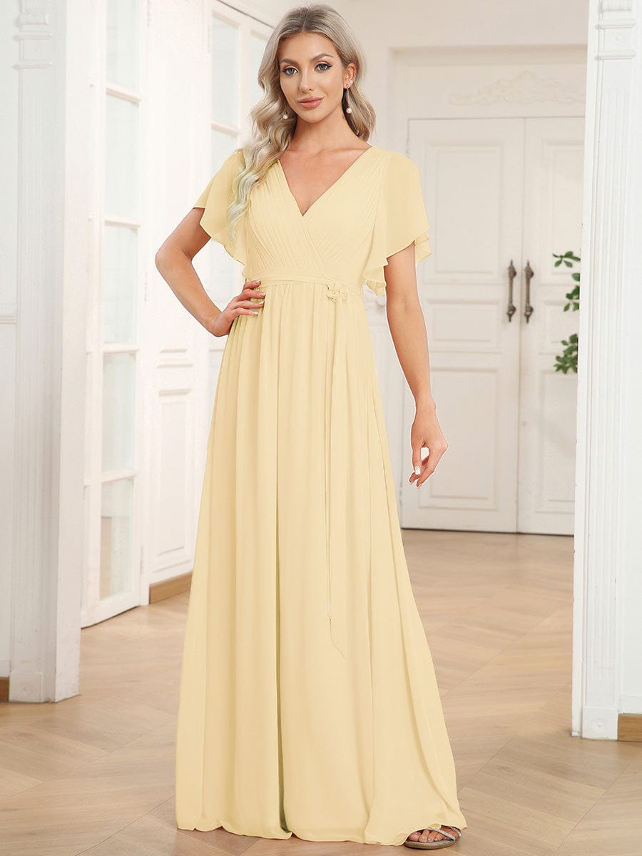 A-Line Pleated Chiffon Tie-Waist Bridesmaid Dress #color_Yellow