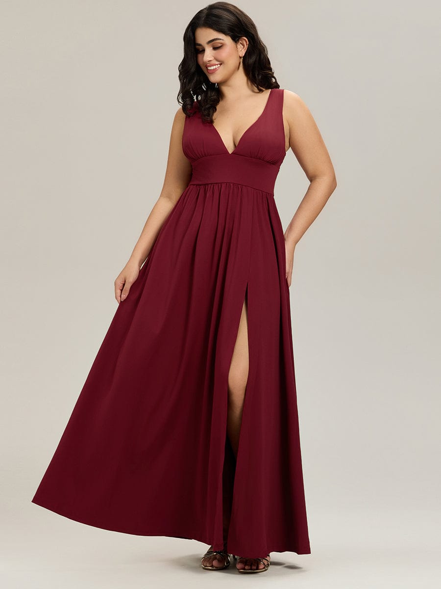 V-Neck High Slit Empire Waist Floor-Length Evening Dress #color_Burgundy