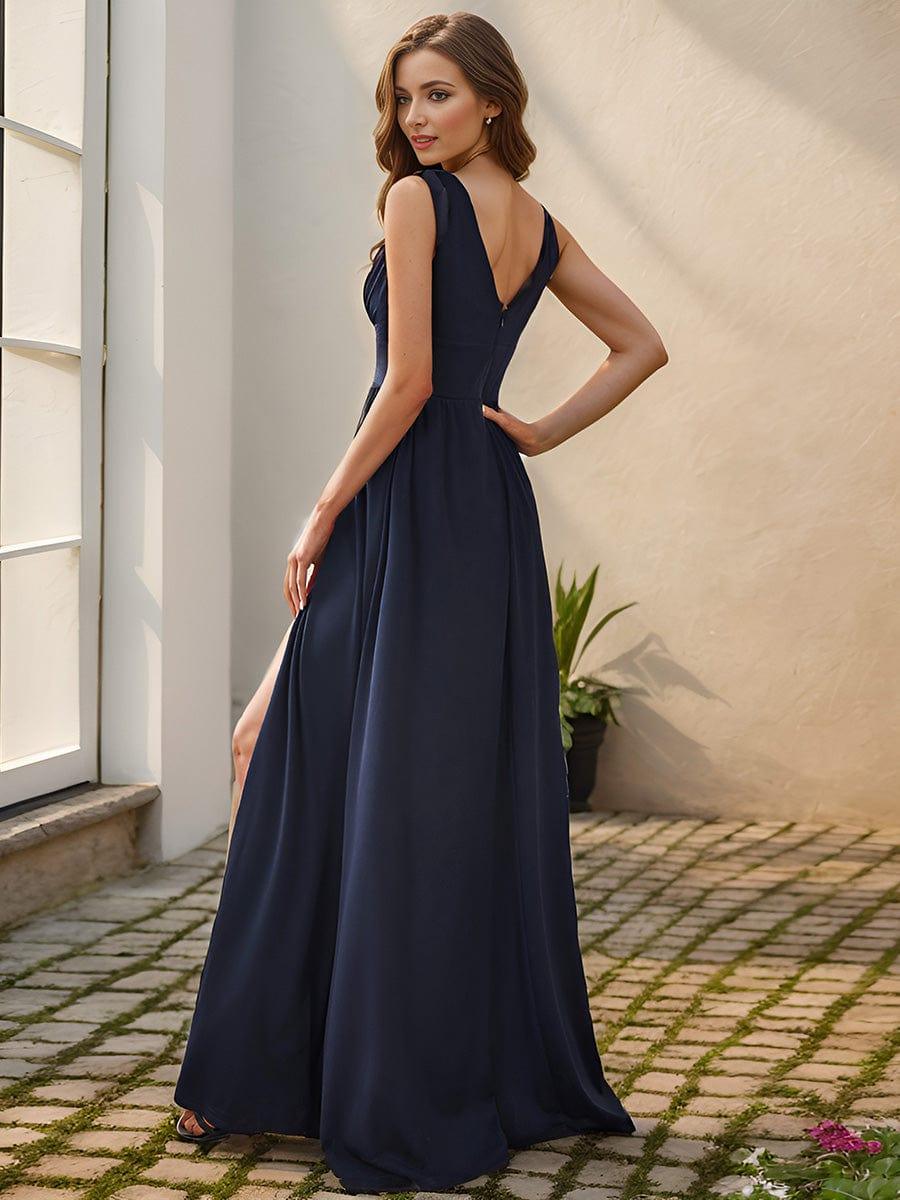 V-Neck High Slit Empire Waist Floor-Length Evening Dress #color_Navy Blue