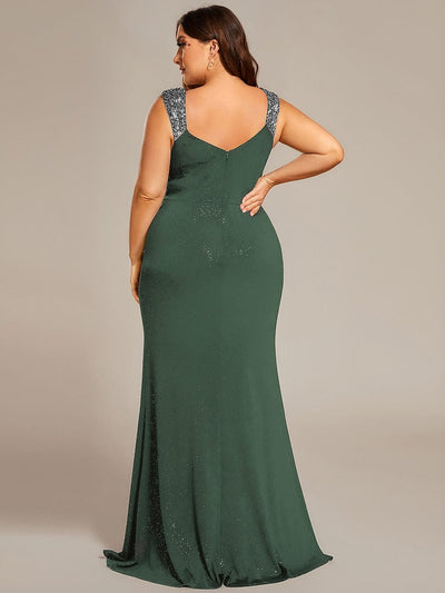 Elegant Sequin V Neck High Slit Evening Dress #color_Eucalyptus Green