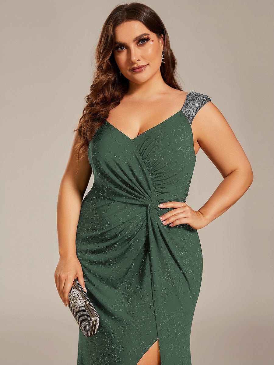 Elegant Sequin V Neck High Slit Evening Dress #color_Eucalyptus Green