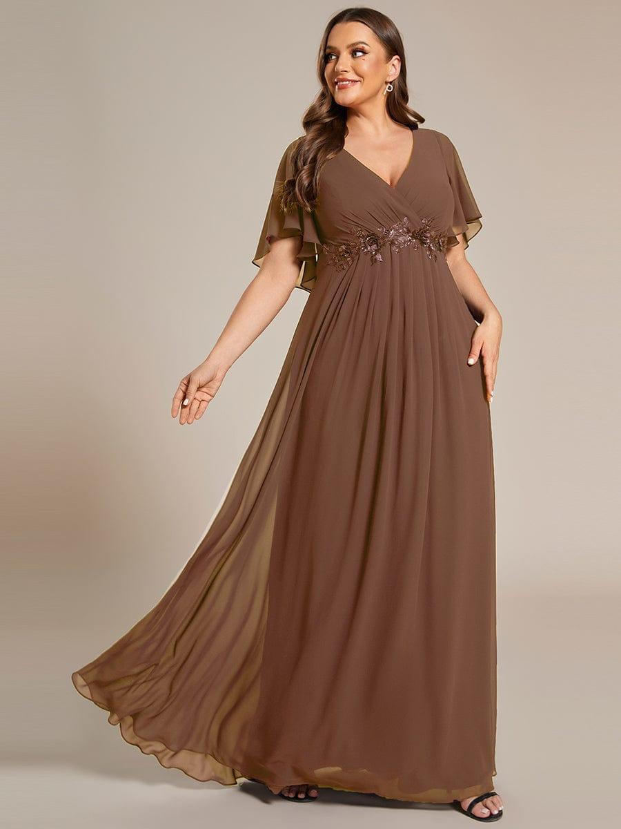 Elegant Chiffon Applique Evening Dress with Flutter Sleeves #color_Brown